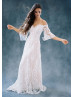 Off Shoulder Bell Sleeve Ivory Lace Tulle Wedding Dress